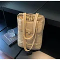 Quilted beige commuter laptop tote bag with padded nylon texture and front flap pocket - One Size / Khaki