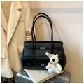 Retro patchwork shoulder bag in dark grey nylon with black leather and plush bear charm - With Pendant / Black