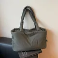 Deep olive green quilted puffer tote bag with side drawstring and shoulder straps - Quilted Puffer Style / Dark Olive Green