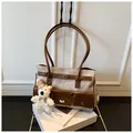 Retro grey-white tote bag with brown leather trim and cute plush bear pendant - With Pendant / Khaki