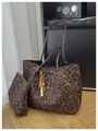 Leopard print tote bag set with matching zipper pouch and wooden bead tassel ornament - With Pendant / Coffee