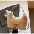Beigefarbene Kunstpelz-Handtasche mit braunem Ledergriff für den Herbst und Winter - Einheitsgröße / Khaki