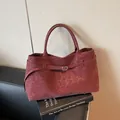 Vintage burgundy leopard print tote bag with matte finish and decorative belt buckle - One Size / Leopard Red