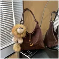 Vintage large capacity dark brown faux suede shoulder bag with plush lion charm - With Pendant / Coffee