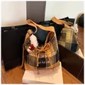 Autumn plaid tote bag in ginger yellow patchwork with cute plush puppy keychain - With Pendant / Yellow Plaid