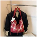 Retro red and beige plaid tote bag with wide strap and white plush rabbit charm - With Pendant / Wine Red Plaid