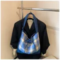 Blue plaid canvas tote bag with cream embroidery and decorative drawstring closure - With Pendant / Blue Plaid