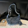 Retro blue washed denim hobo crossbody bag with a round mini coin purse and wide strap - One Size / Dark Blue