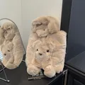 Plush apricot shoulder bag with 3D teddy bear decoration and soft faux fur texture - Khaki