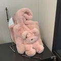 Plush pink shoulder bag with cute stuffed bear decoration for autumn and winter - Pink