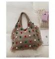 Elegante borsa tote in maglia kaki con pompon e lunghe nappe per un look invernale trendy - Cachi