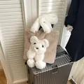 Plush contrast color tote bag in khaki with a cute 3D bear doll and white handles - Khaki and White