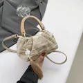 Champagne velvet pleated cloud bag with wooden round handle and elegant long tassel - Khaki