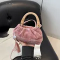 Pink velvet handbag with wooden handle and tassels, perfect for retro Hanfu styling - Pink
