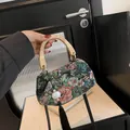 Retro black floral jacquard handbag with wooden handle and long black tassel detail - Floral Embroidery Style (Flower Style)
