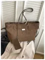 Dark brown faux suede tote bag with ribbon bow and small matching pouch attachment - One Size / Brown