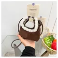 Mini dark brown suede dumpling bag with white faux shearling trim and long strap - One Size / Coffee