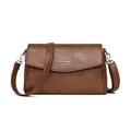Retro brown leather shoulder bag with minimalist silver metal bar and adjustable strap - Yellow Brown