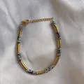 Detail of Dalmatian Jasper beads and 18k gold plated stainless steel on silk background - Black and White Spotted Stone Style (F) / 17+3cm