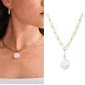 18k gold plated paperclip chain necklace featuring a flat white baroque pearl pendant - Necklace - Style C