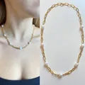 Gold plated paperclip chain necklace with natural freshwater pearls for women - Necklace - Style E