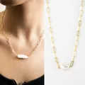 Golden paperclip chain necklace featuring a natural white baroque pearl pendant - Necklace - Style G