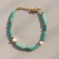 Detail of sea blue natural stones and freshwater pearls with a gold extender chain - One Size / Light Green Cut Stone Pearl Style (25) / 17+3cm