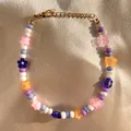 Detail of colorful beaded flower bracelet with gold lobster clasp on silk fabric - One Size / Colorful Bead Acrylic Flower Style (29) / 17+3cm