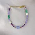 Macro shot of colorful beads, irregular pearls, and gold-plated lobster clasp on silk - One Size / Dark Light Purple Green Stone Pearl Style (11) / 17+3cm