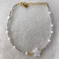 Détail du bracelet en perles d'eau douce avec perles labradorite et pendentif étoile - Pierre naturelle grise et étoile en nacre (Bracelet Ee) / 17+3cm
