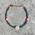 Detailed close-up of a colorful beaded daisy bracelet with natural stones and lobster clasp - One Size / Rose Red Cyan Pearl Daisy Style (34) / 17+3cm
