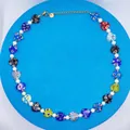 Collier en perles de verre Millefiori en forme de cœur et perles d'eau douce blanches - Cœur dégradé arc-en-ciel / 38+5cm