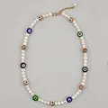 Minimalist freshwater pearl necklace with colorful evil eye beads and gold clasp detail - Style G / One Size / 38+5cm / Pearl White/Multicolor