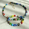 Ensemble collier et bracelet en perles de verre Millefiori avec fermoirs dorés - Bracelet Pastèque Coloré / 17+3cm