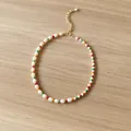 Colorful handmade necklace with natural freshwater pearls and vibrant beads in boho style - Short Choker Length / Red Orange and Green