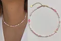 Pink and white beaded heart necklace with 18k gold plated titanium steel chain - Pink Shell Pearl Necklace (38+5cm)