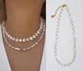 Beaded shell heart necklace with 18k gold-plated accents and pink pearls detail - Gold-Spaced Heart Shell Necklace / 38+5cm