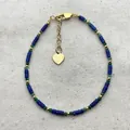 Handmade beaded bracelet with blue discs, green beads, and heart charm in gold finish - Blue and Green Beads with Heart Pendant (Bracelet 13) / 17+3cm