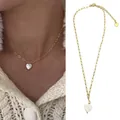 Golden paperclip chain necklace with a white shell heart pendant and adjustable clasp - Paperclip Chain Heart Shell Necklace / 38+5cm