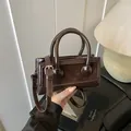 Fashionable dark brown leopard square handbag with patent and suede leather splicing - Coffee