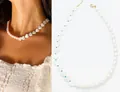Beaded necklace with shell hearts, pearls and turquoise beads in gold finish - Heart Shell Pearl Necklace (38+5cm)