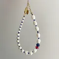 Baroque pearl and blue lapis lazuli beaded bracelet with heart charm and gold clasp - Irregular Artificial Pearl and Blue Gem Style (Bracelet 17) / 17+3cm