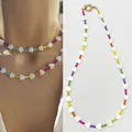 Rainbow beaded necklace with white shell heart charms and gold-plated clasp - Colorful Seed Bead Shell Necklace (43cm)