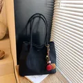 Minimalist black matte faux suede tote bag with decorative colorful beaded charm - With Pendant / Black
