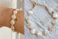 Beaded necklace with white shell hearts and pink beads, featuring 18k gold plated chain - Heart Shell Bracelet / 17+3cm