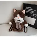 Plush brown cat backpack with white lace collar and coffee plaid bow accessory - Contrast Cat / Coffee