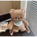 Brown plush bear backpack with blue checkered bib and adjustable nylon straps - Dark Brown Bear / Khaki