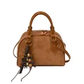 Brown leather and suede patchwork Boston handbag with vintage wooden bead charm - With Pendant / Brown