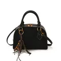Black shell crossbody bag with suede patchwork and colorful wooden bead tassel - With Pendant / Black