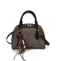 Grey suede and black leather patchwork shell handbag with ethnic bead tassel details - With Pendant / Gray
